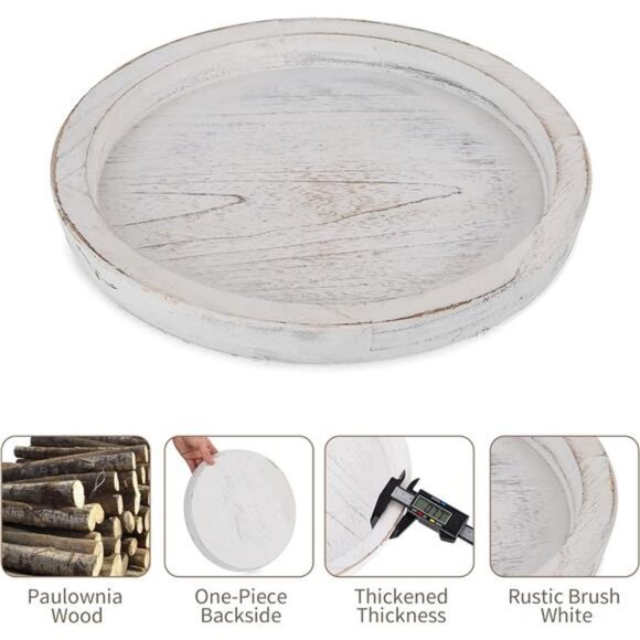 Rustic Wooden Serving Tray: Round Wood Decorative Tray Rustic White Centerpiece - Picture 6 of 7